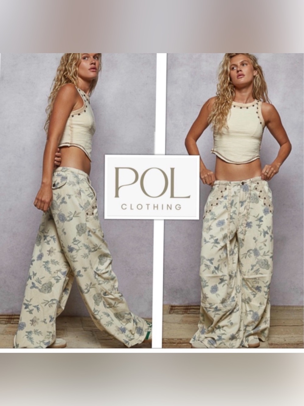 POL Women’s Size L Cream Wide-Leg Pants Floral Gray Green Print Cottagecore